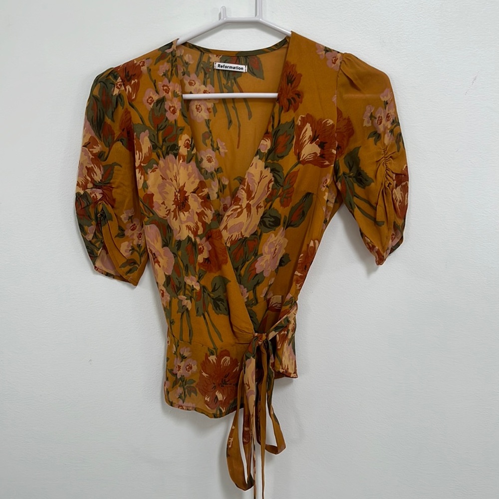 Reformation wrap top with ruched sleeves